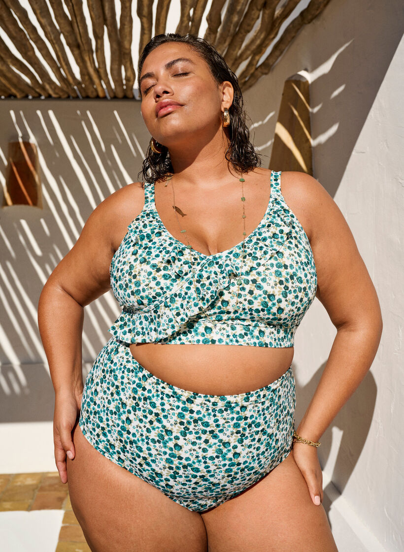 Haut de bikini à fleurs et à détails de jabot, Vert, Image image number 0