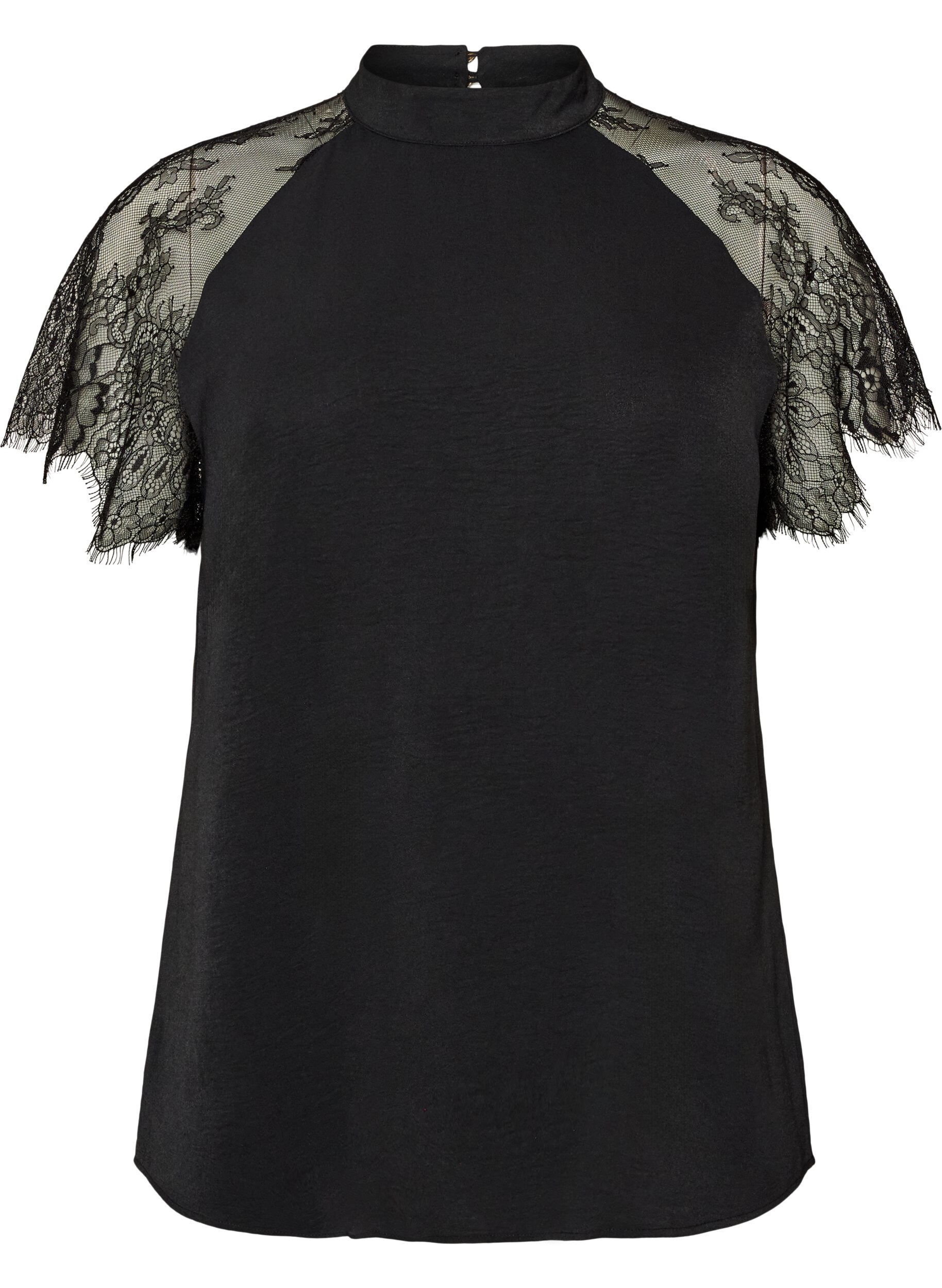 Blouse &agrave; col montant avec manches courtes en dentelle