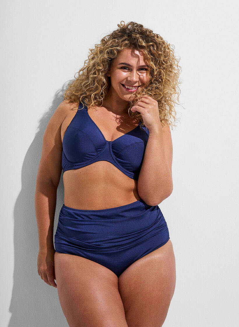 Culotte de bikini drap&eacute;e taille haute, Bleu, Model image number 0