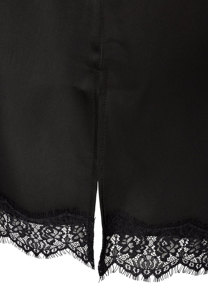 Haut long en satin bord&eacute; de dentelle, Noir, Packshot image number 3