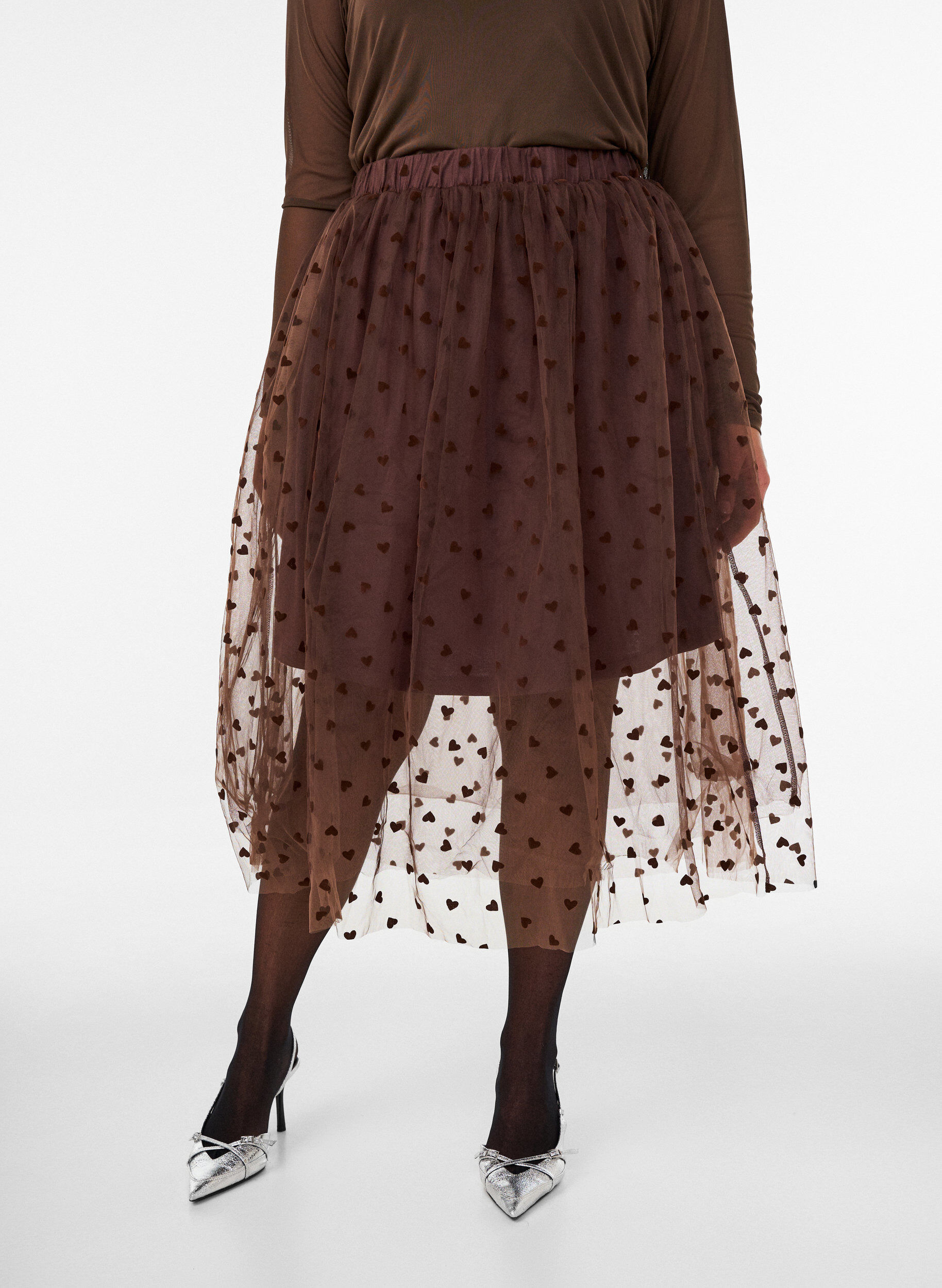 ZizziJupe midi en tulle avec des c&oelig;urs, Marron, Model image number 0