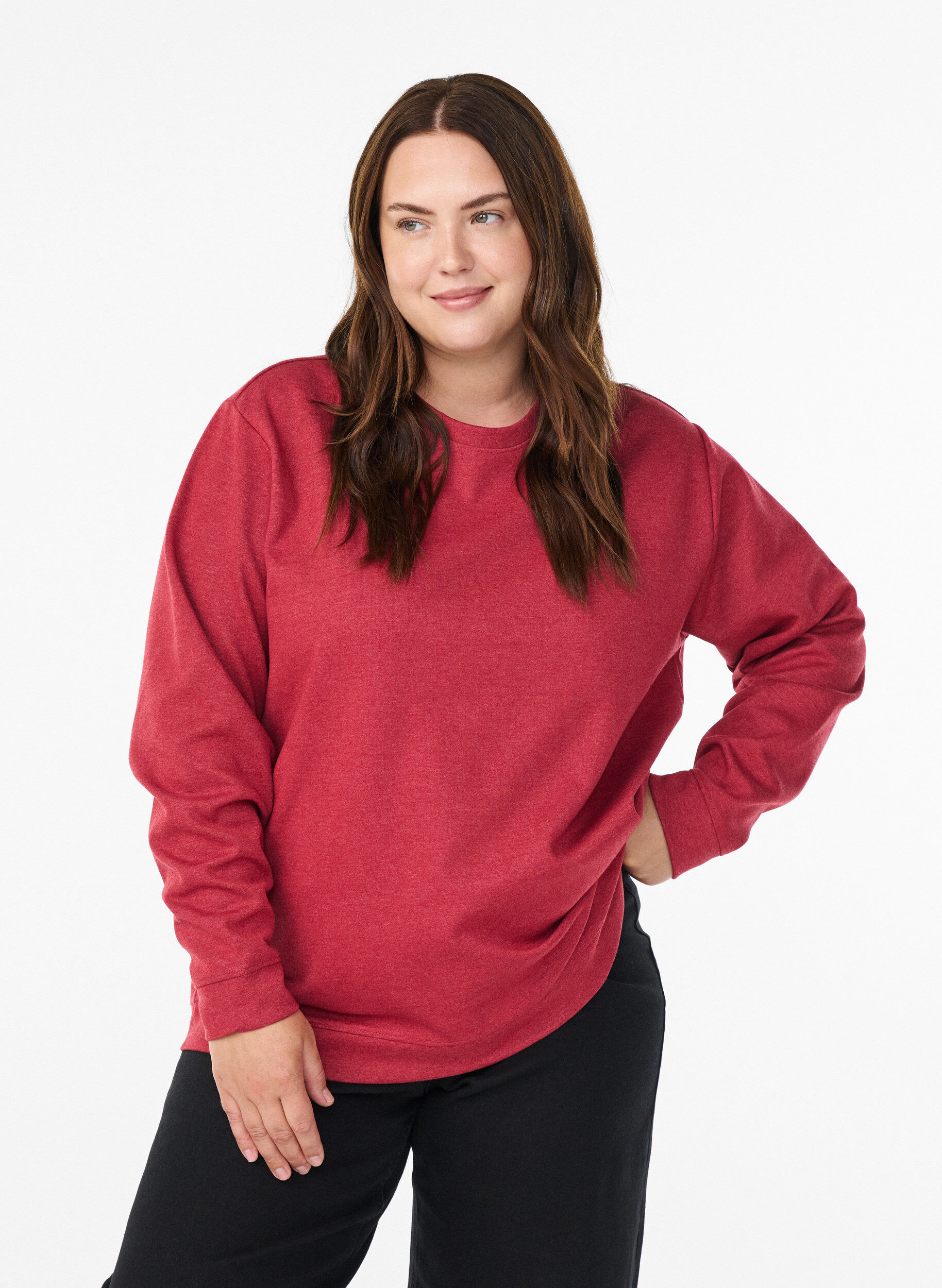 Sweat-shirt &agrave; col ras du cou, Rouge, Model