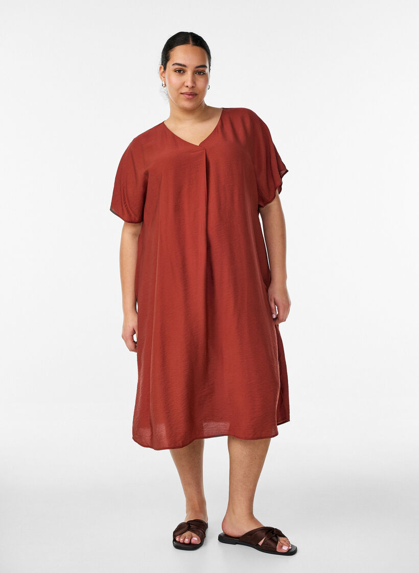 Robe &agrave; col en V en viscose, Bordeaux, Model image number 0