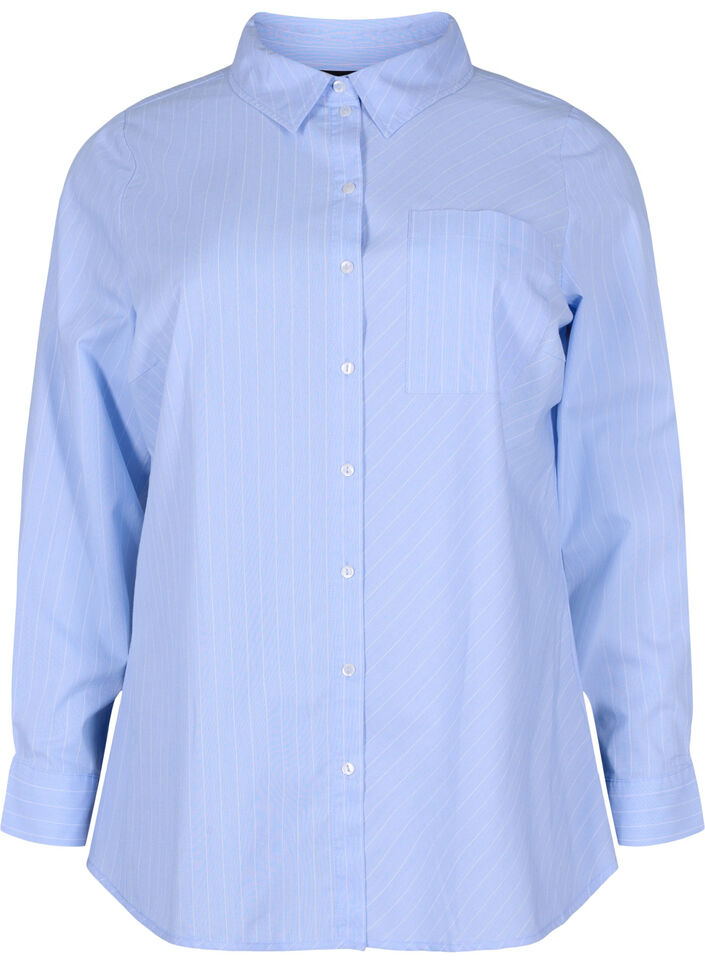 Chemise en coton mélangé, Blue w. White Stripe, Packshot image number 0