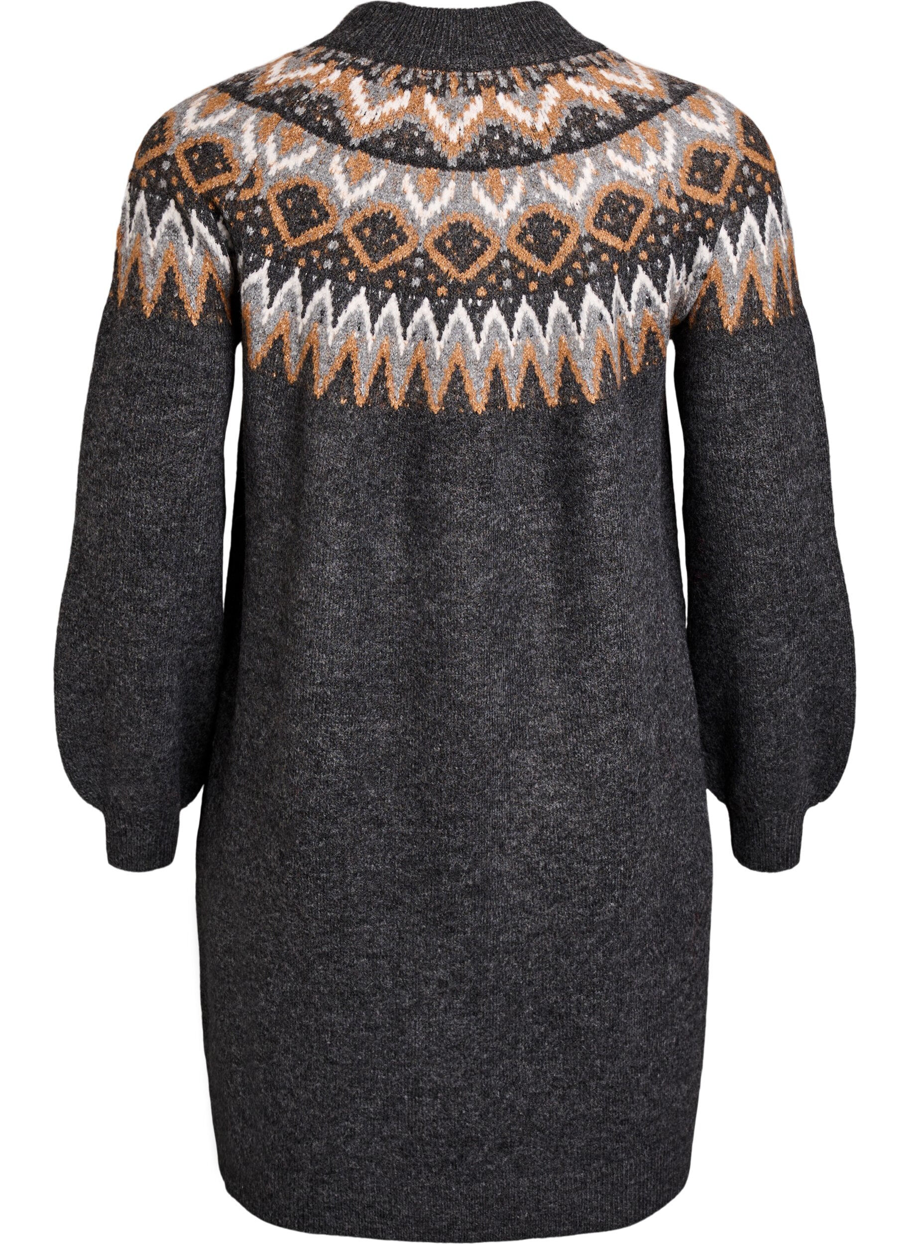 Zizzi Robe en maille jacquard avec manches ballon, Gris anthracite, Packshot image number 1