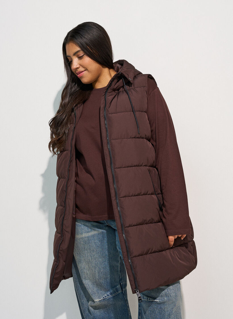 Gilet long avec capuche et poches, Marron, Model image number 3