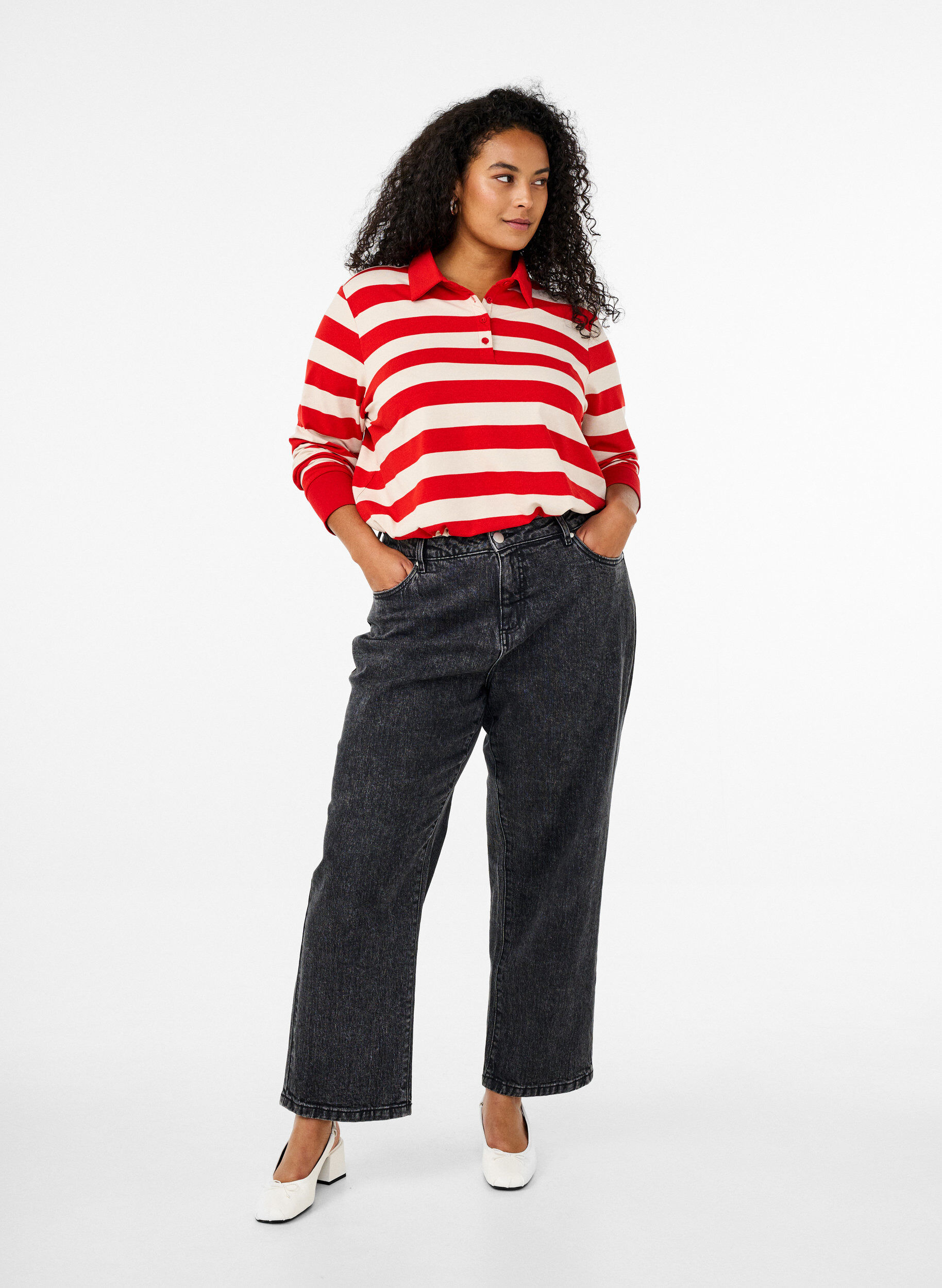 Zizzi Polo &agrave; manches longues avec rayures, Rouge, Model image number 1