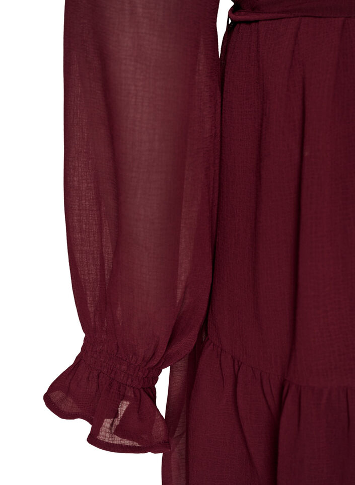 Robe en tissu tiss&eacute; l&eacute;ger avec des volants et une ceinture &agrave; nouer, Bordeaux, Packshot image number 3