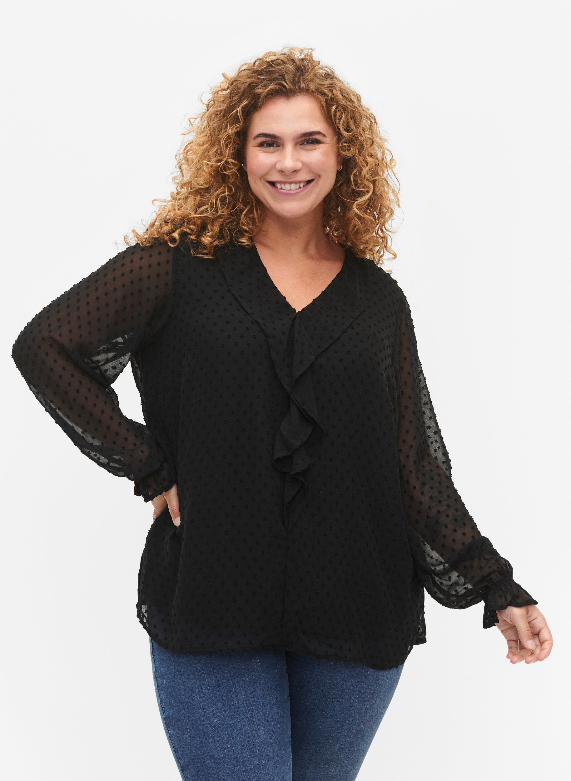 Zizzi Blouse avec volants et texture en pointill&eacute;s, Black, Model image number 0