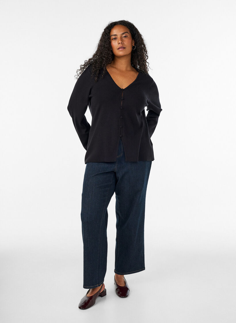 Cardigan en maille fine avec des boutons recouverts de tissu, Noir, Model image number 1