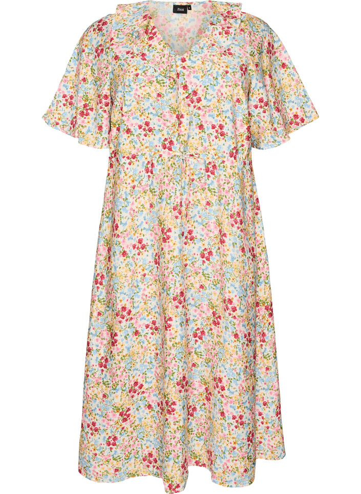 Robe midi en viscose avec imprim&eacute; fleuri et col &agrave; volants, Rose, Packshot image number 0