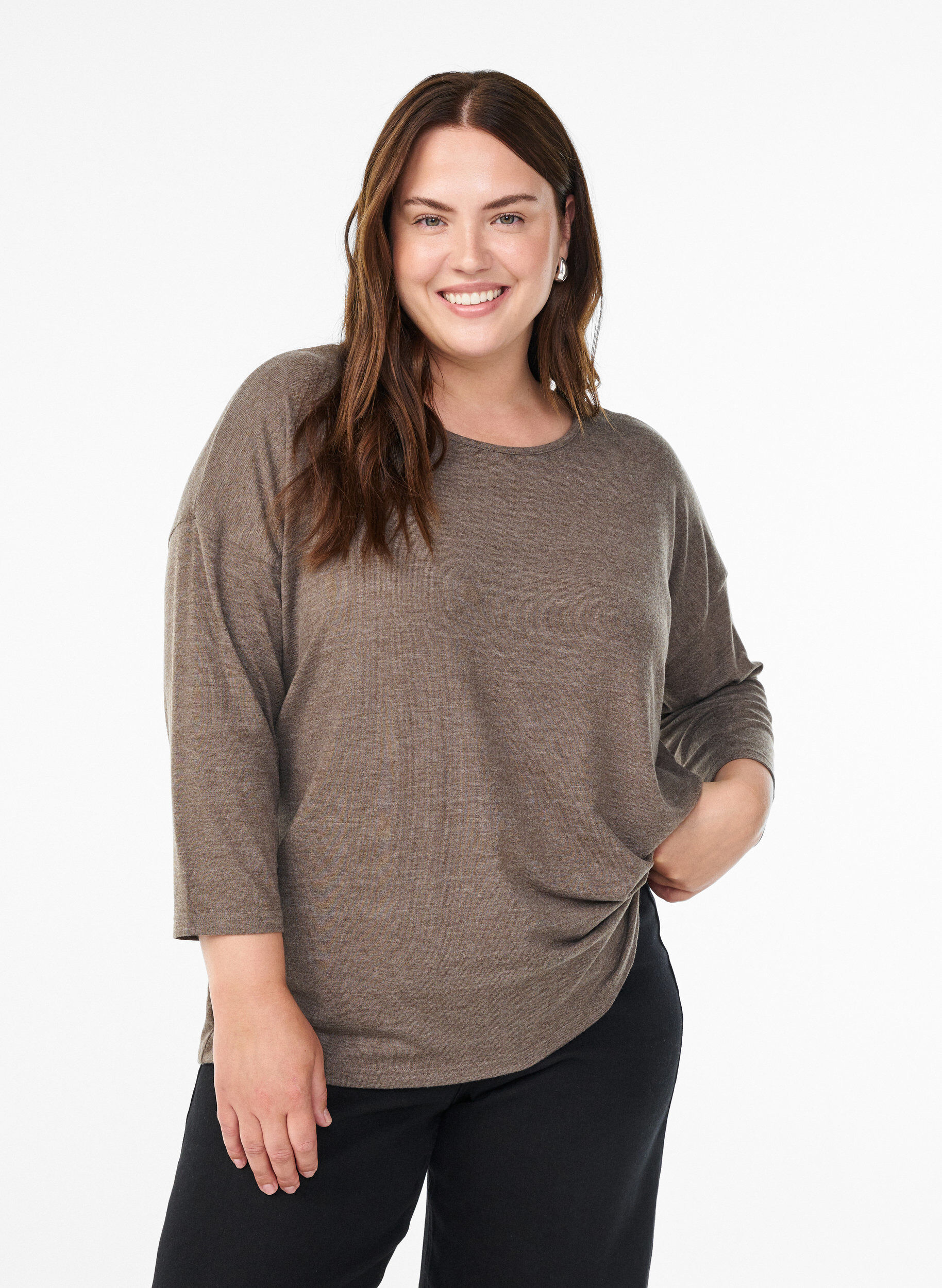 Blouse en jersey avec manches 3/4, Marron, Model