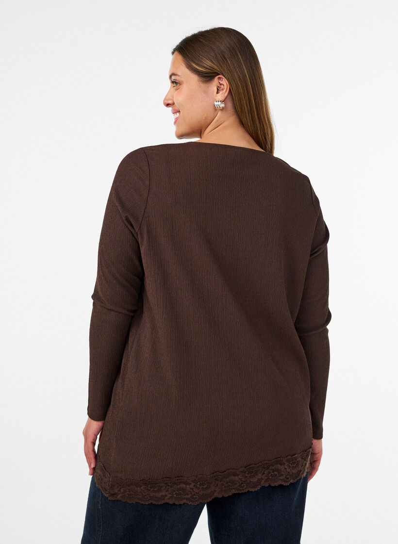 Blouse en jersey avec bordure en dentelle asym&eacute;trique, Marron, Model image number 2