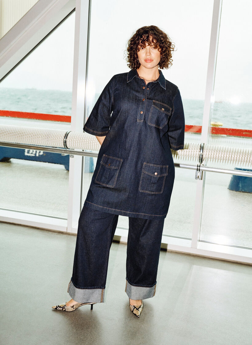 Robe en jean avec de grandes poches et des manches 3/4, Bleu, Image image number 0