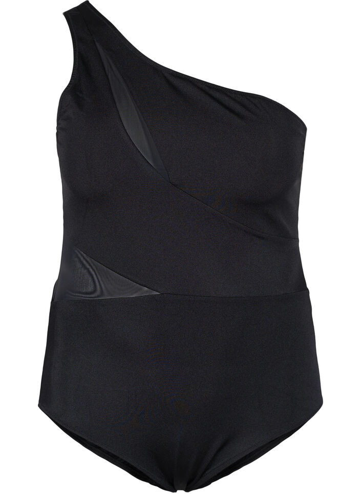 Maillot de bain uni-épaule en maille, Black, Packshot image number 0