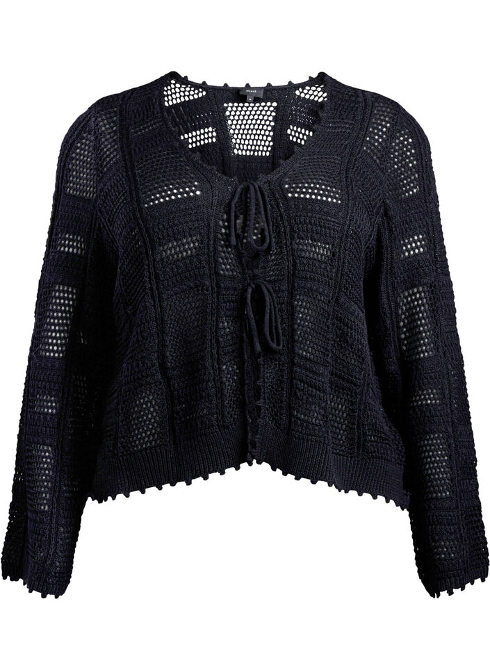 Cardigan en maille avec liens et motifs ajour&eacute;s, Noir, Packshot image number 0