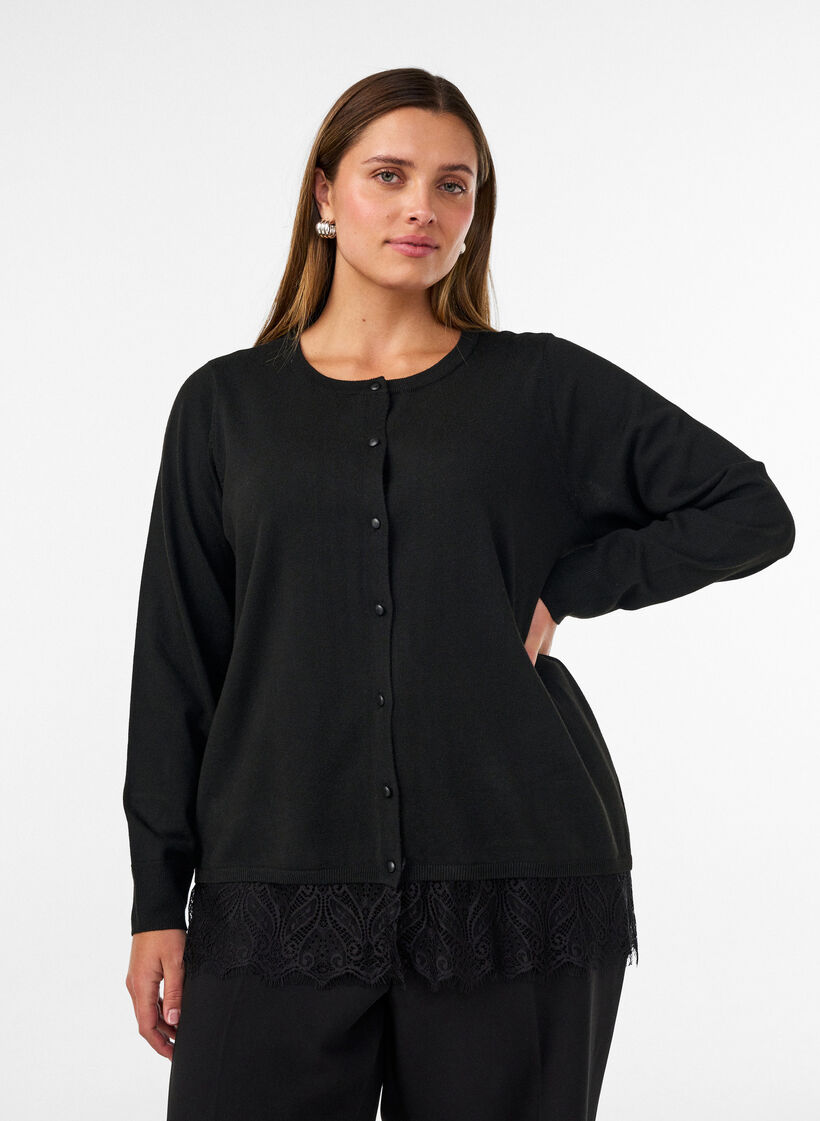 Cardigan avec large ourlet en dentelle, Noir, Model image number 0
