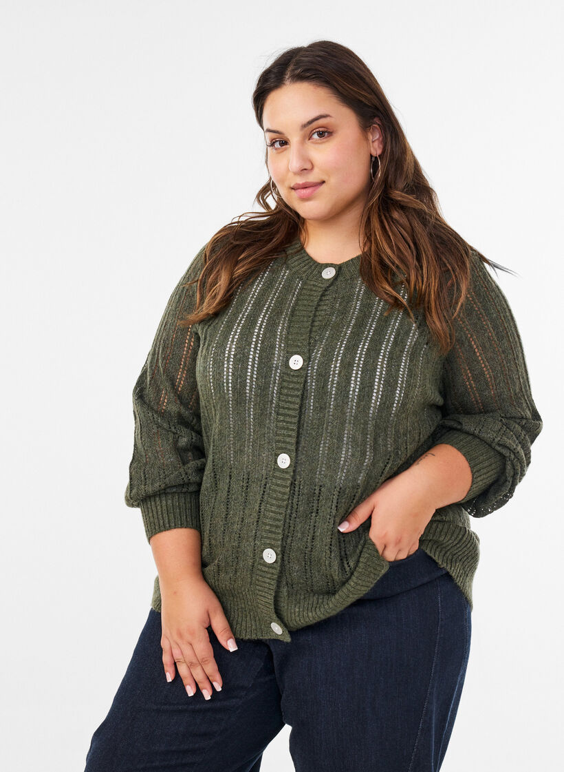 Cardigan en maille ajour&eacute;e, Vert, Model image number 0