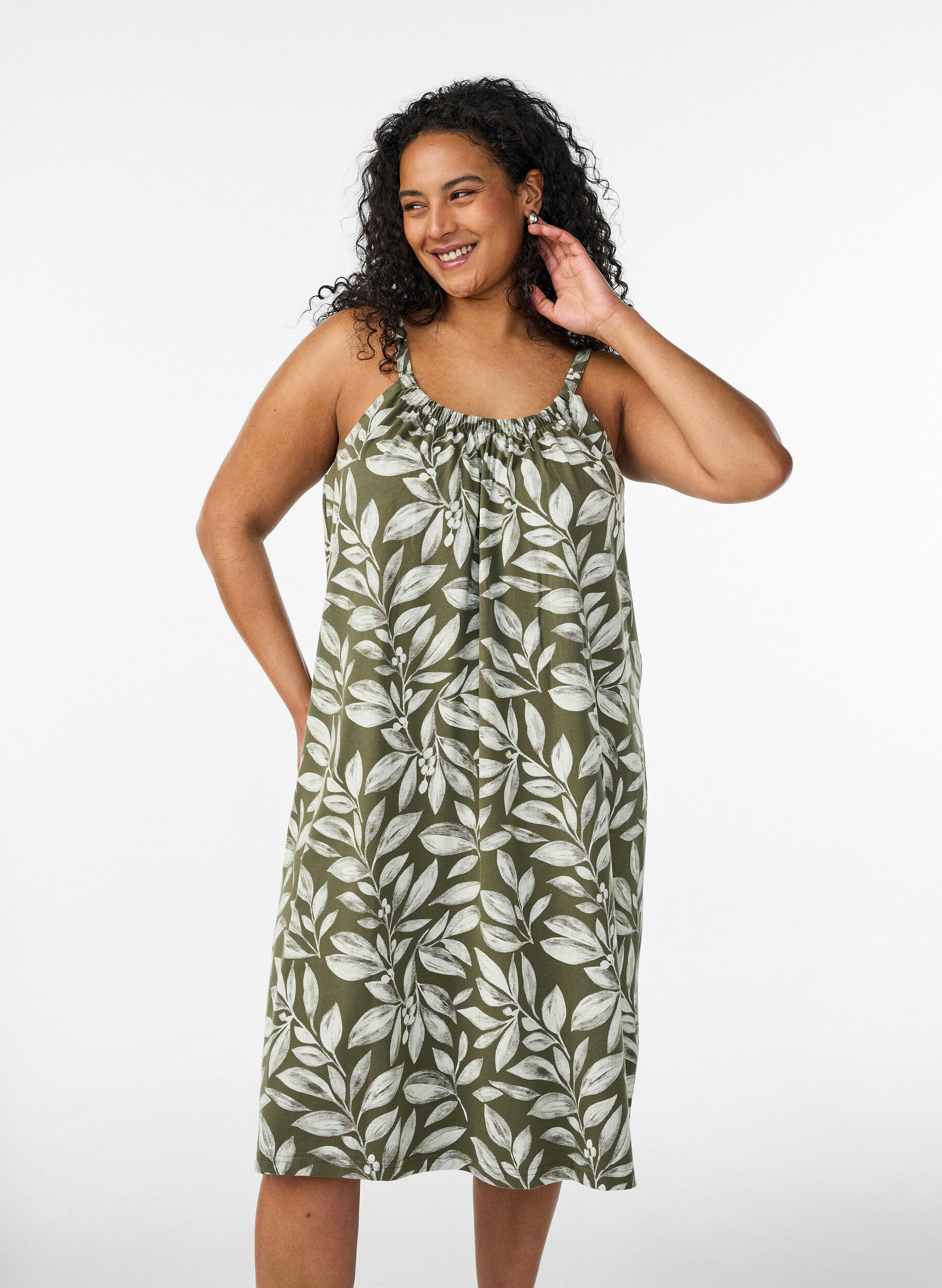 ZizziRobe &agrave; bretelles midi en coton bio, Vert clair, Model image number 0