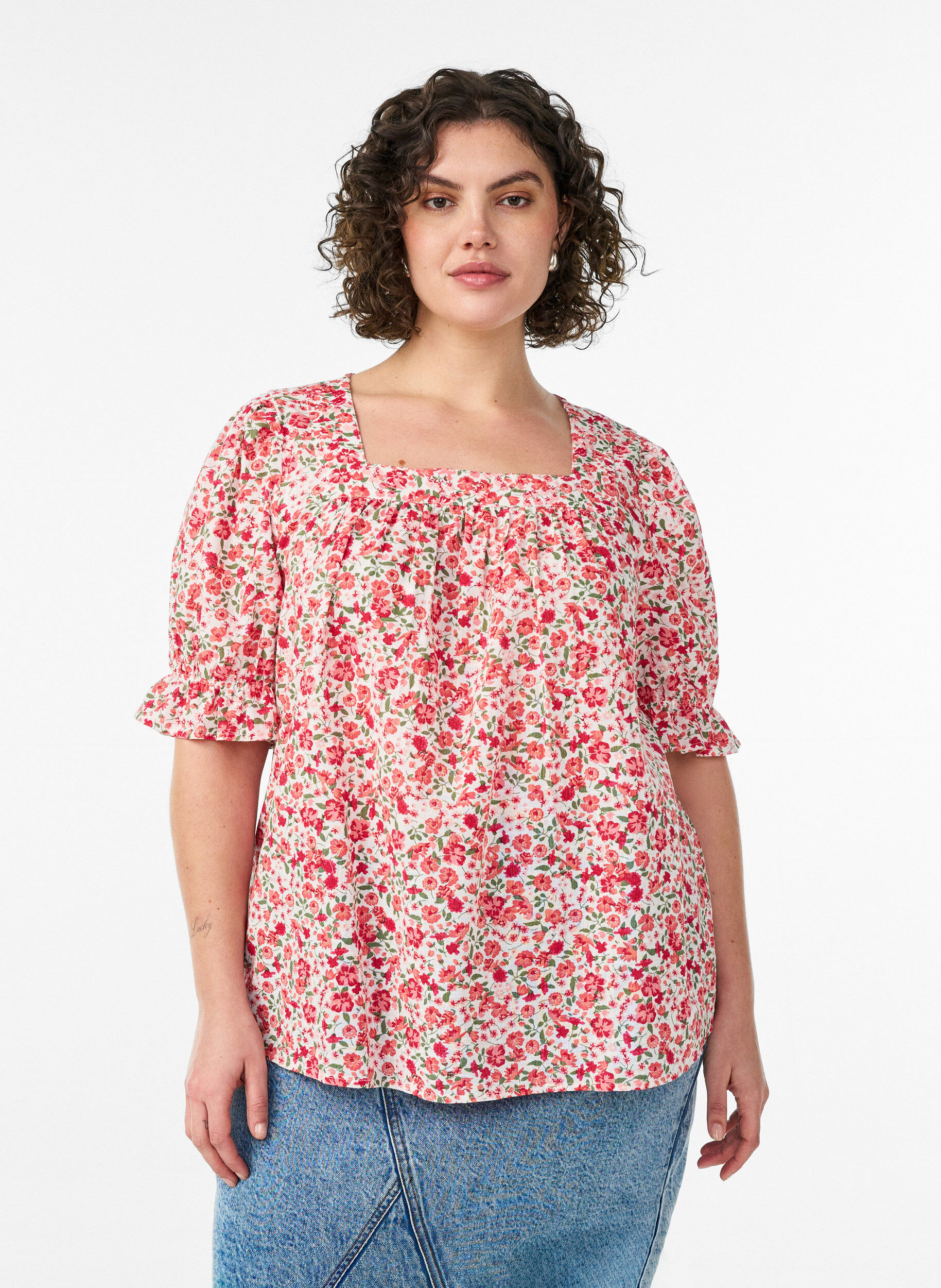 ZizziBlouse en coton avec encolure carr&eacute;e, Rouge, Model image number 0