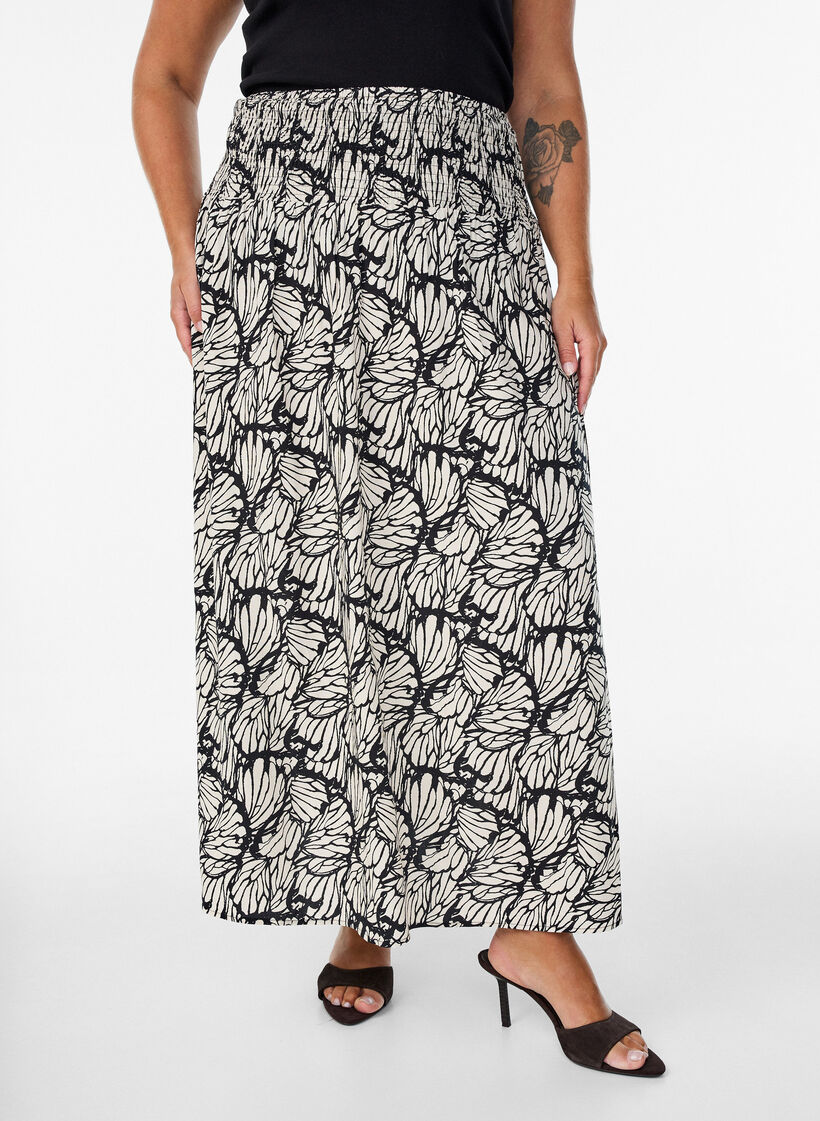 Jupe longue en viscose avec smocks, Noir, Model image number 2