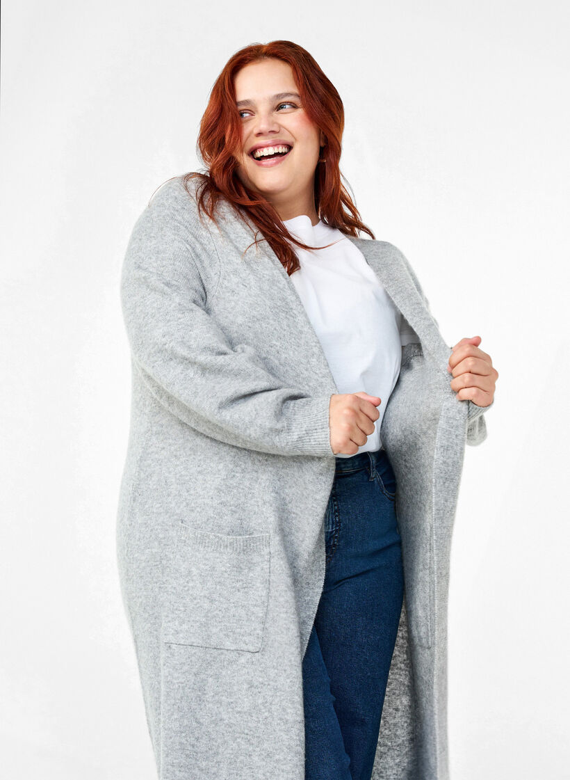 Long cardigan tricoté avec poches, Light Grey Melange, Image image number 0
