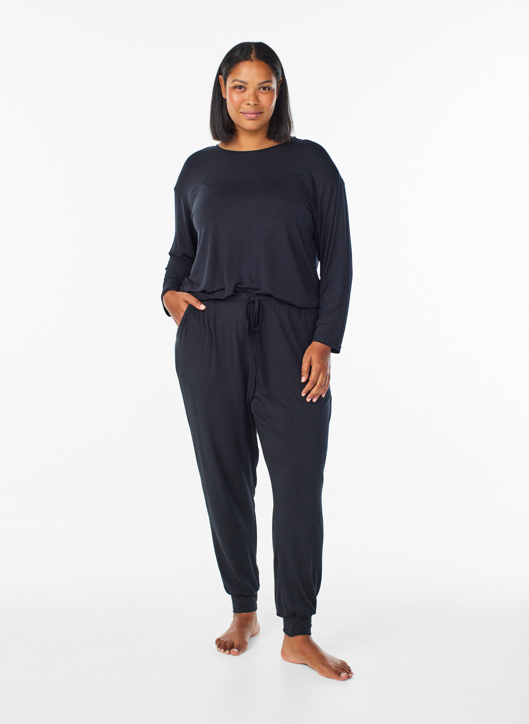 ZizziPantalon de nuit taille haute en modal, Noir, Model image number 0