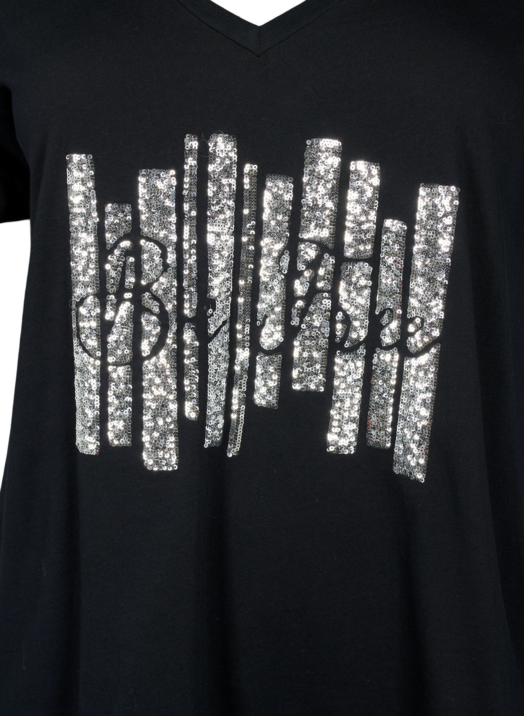 Zizzi T-shirt &agrave; paillettes en coton, Black W. Be free, Packshot image number 2