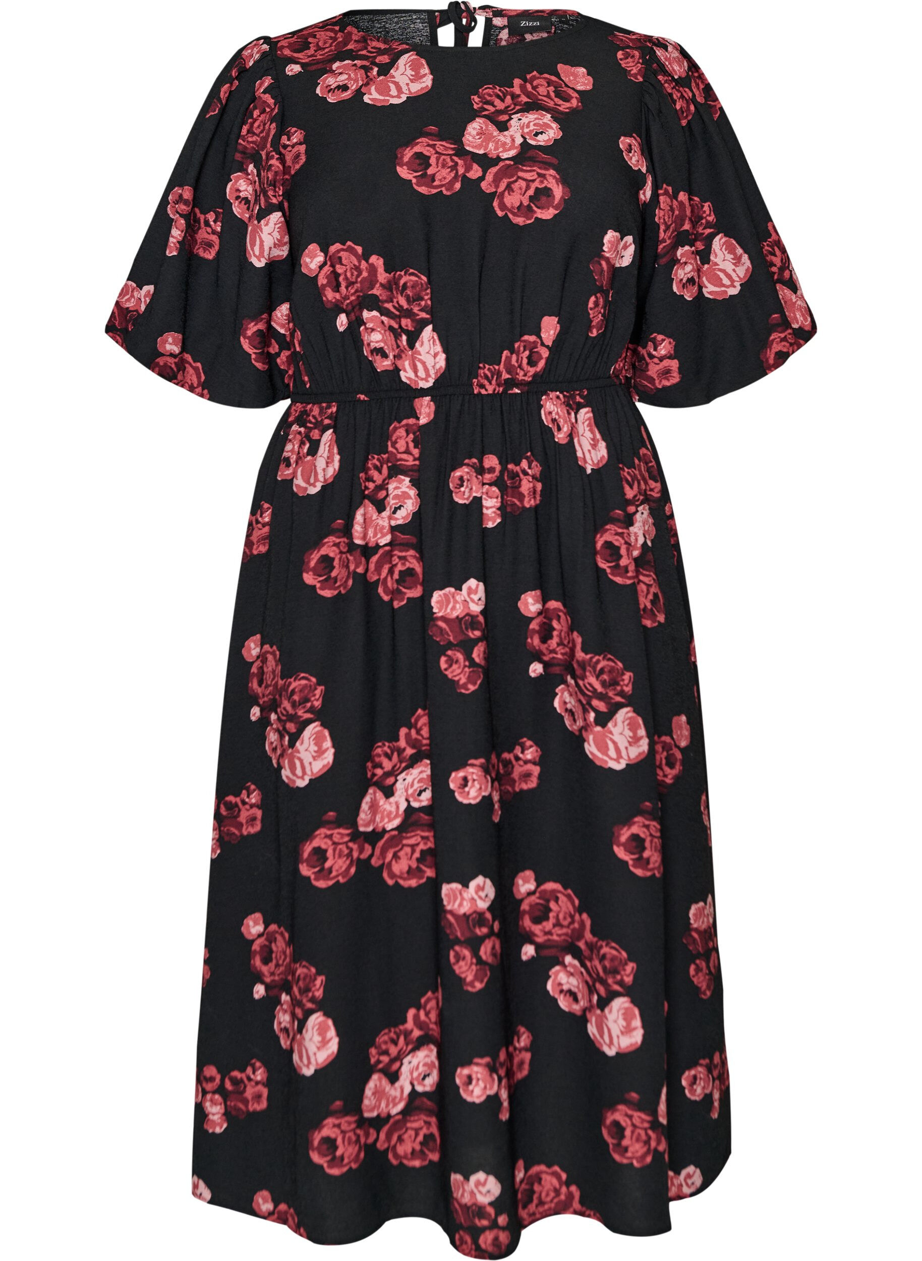 ZizziRobe midi &agrave; imprim&eacute; roses et manches courtes bouffantes, Noir, Packshot image number 0