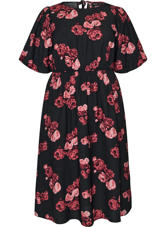 Robe midi &agrave; imprim&eacute; roses et manches courtes bouffantes, Noir, Packshot image number 0