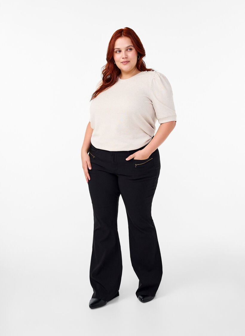 Chemisier avec détails boutons et manches courtes bouffantes, Beige, Model image number 1