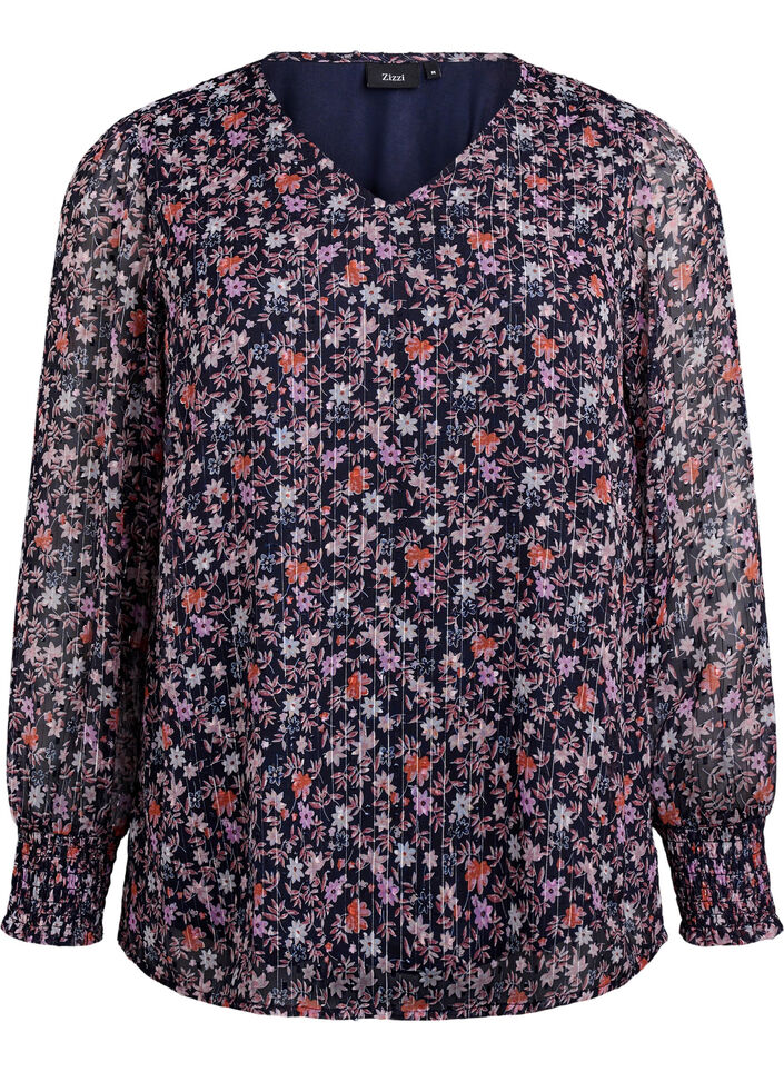 Chemisier &agrave; imprim&eacute; floral et fil paillet&eacute;, Bleu, Packshot image number 0