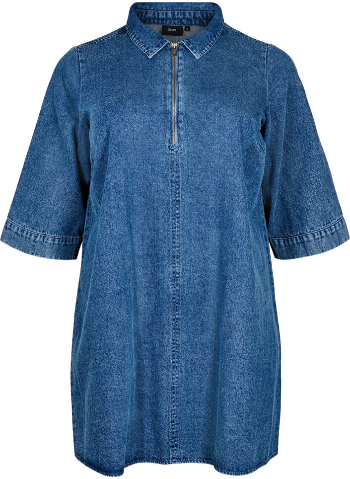 Petite robe en jean avec fermeture &eacute;clair et manches 3/4, Bleu, Packshot image number 0