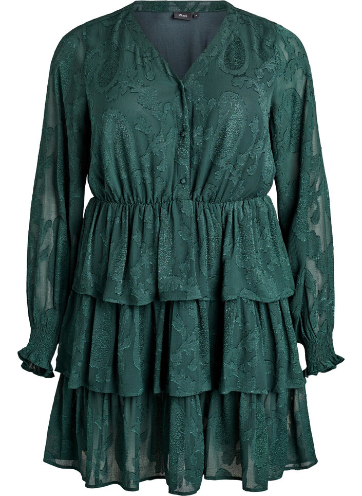 Robe courte &agrave; volants et motif textur&eacute;, Vert fonc&eacute;, Packshot image number 0