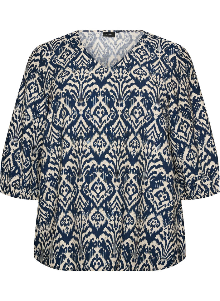 Blouse imprim&eacute;e en viscose avec manches 3/4, Bleu, Packshot image number 0