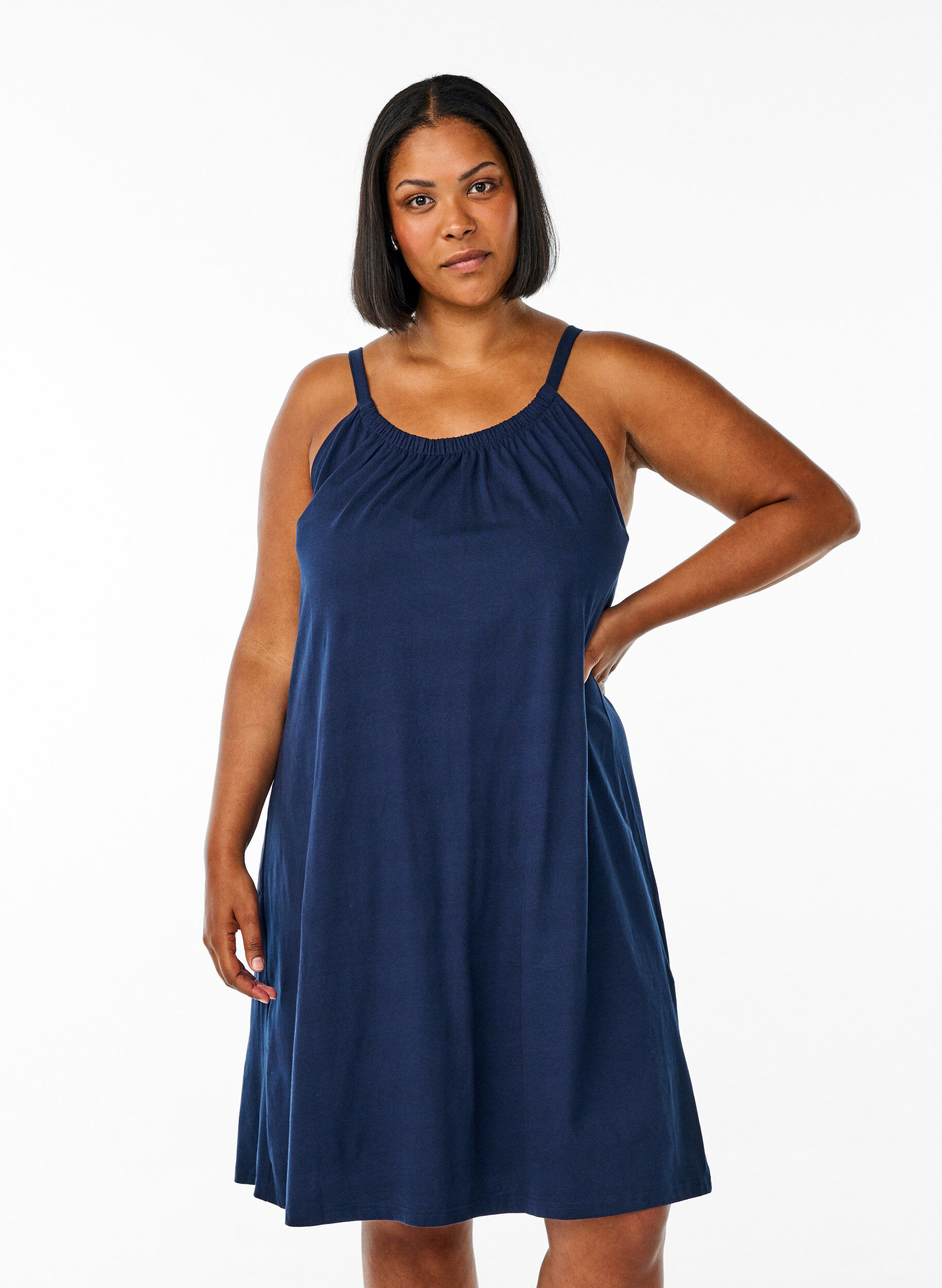 Robe &agrave; bretelles midi en coton bio, Bleu, Model
