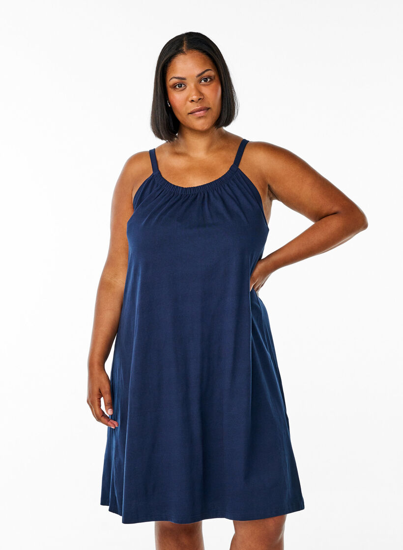 Robe &agrave; bretelles midi en coton bio, Bleu, Model image number 0