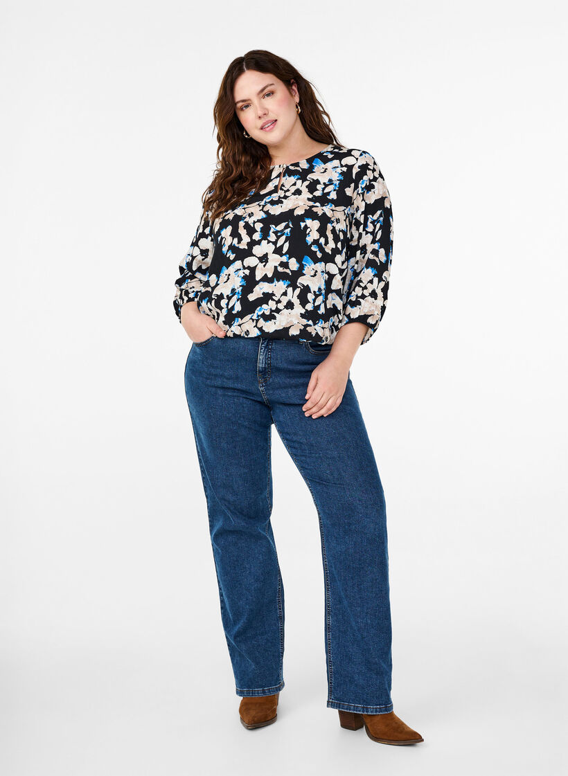 Chemisier en viscose avec imprimé et tablier, Noir, Model image number 1