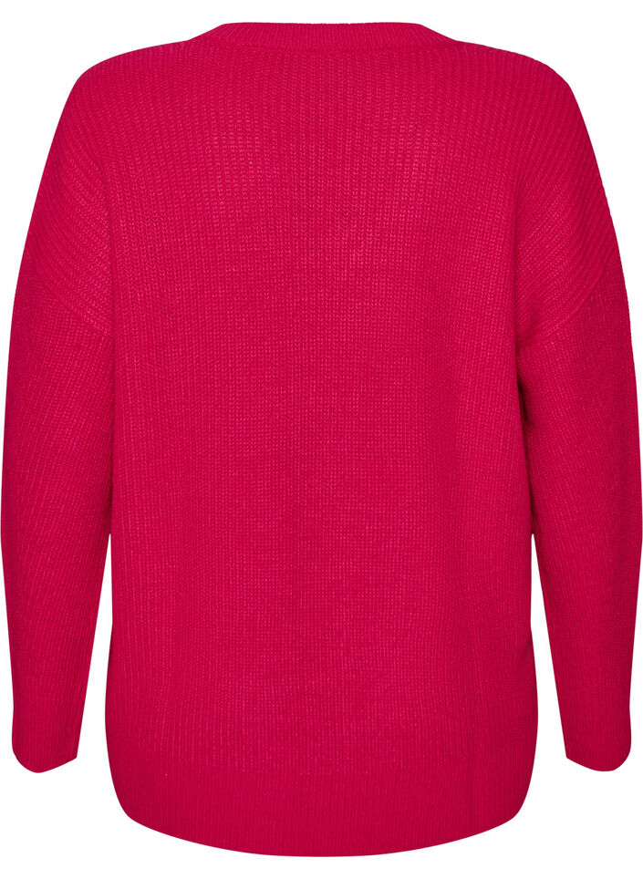Blouse longue en maille c&ocirc;tel&eacute;e avec col en V, Rose, Packshot image number 1