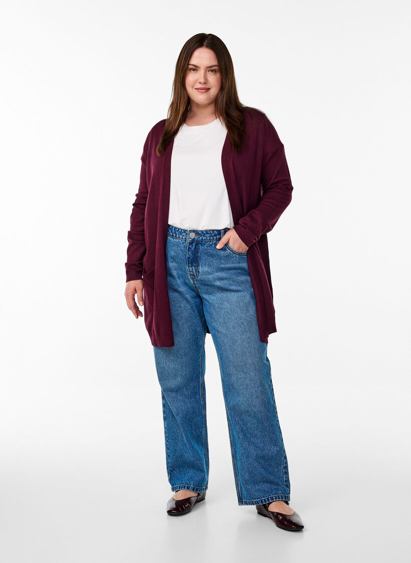 Long cardigan tricot&eacute; en m&eacute;lange de viscose, Bordeaux, Model image number 1