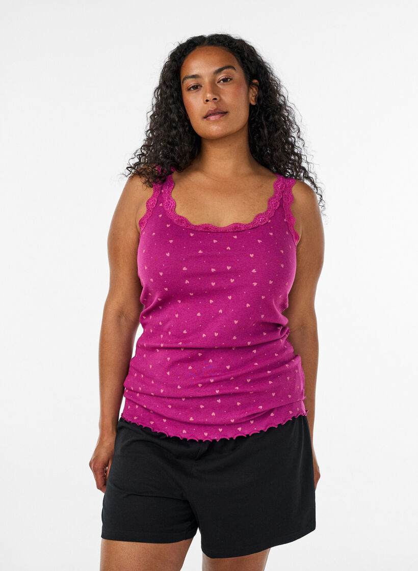 Top avec imprim&eacute; et bord en dentelle, Violet, Model image number 0