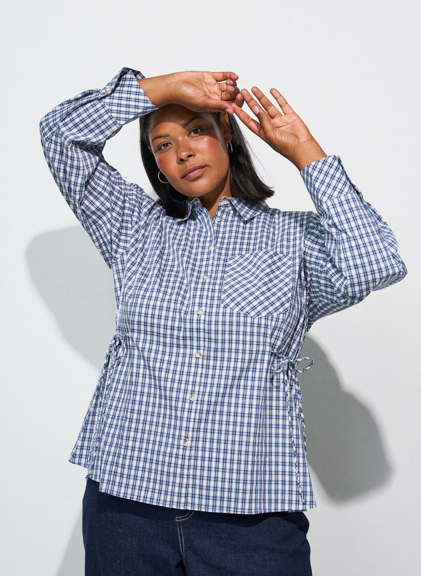 Chemise ample &agrave; carreaux avec ceinture &agrave; nouer, Bleu, Model image number 0