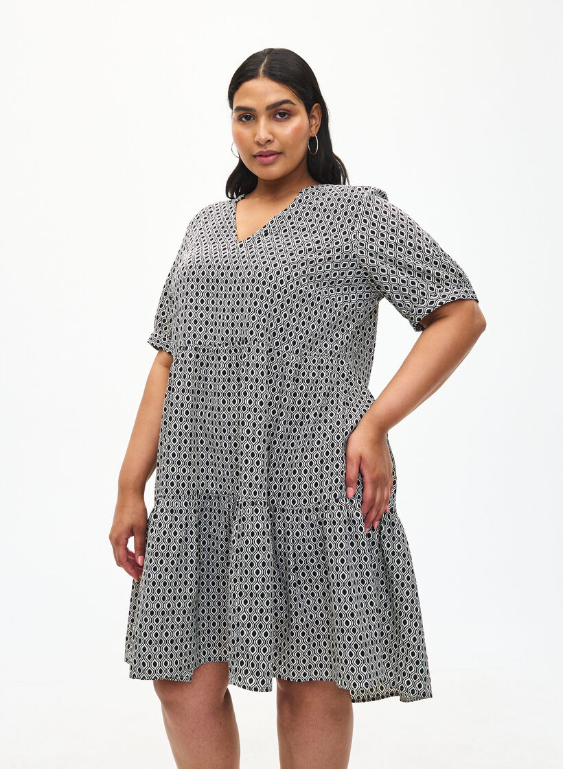 FLASH - Robe trapèze imprimée, Black White Graphic, Model image number 0