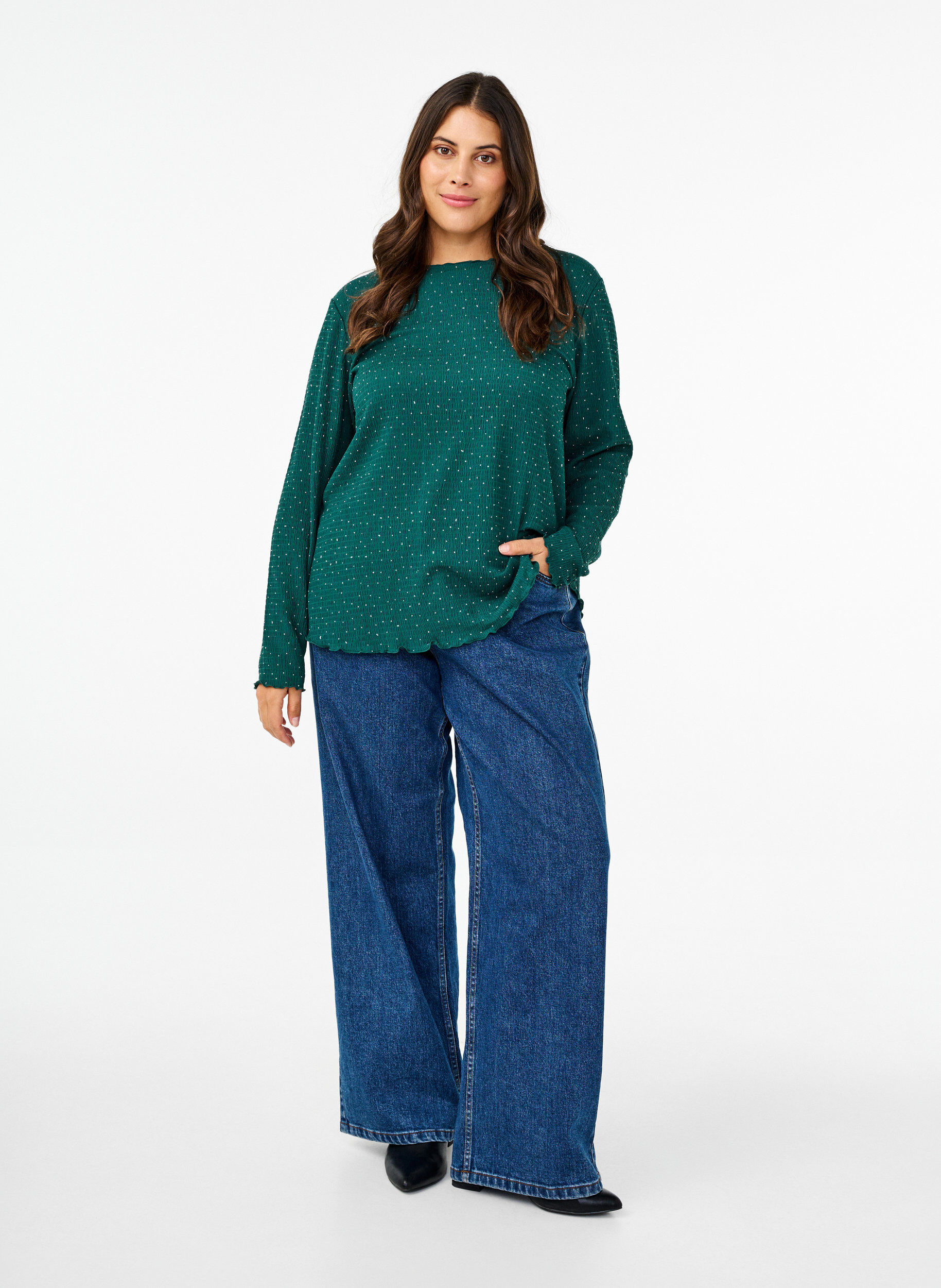 Zizzi Chemisier &agrave; manches longues avec strass, Vert fonc&eacute;, Model image number 1