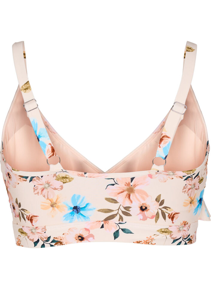 Haut de bikini à fleurs et à détails de jabot, Beige, Packshot image number 1