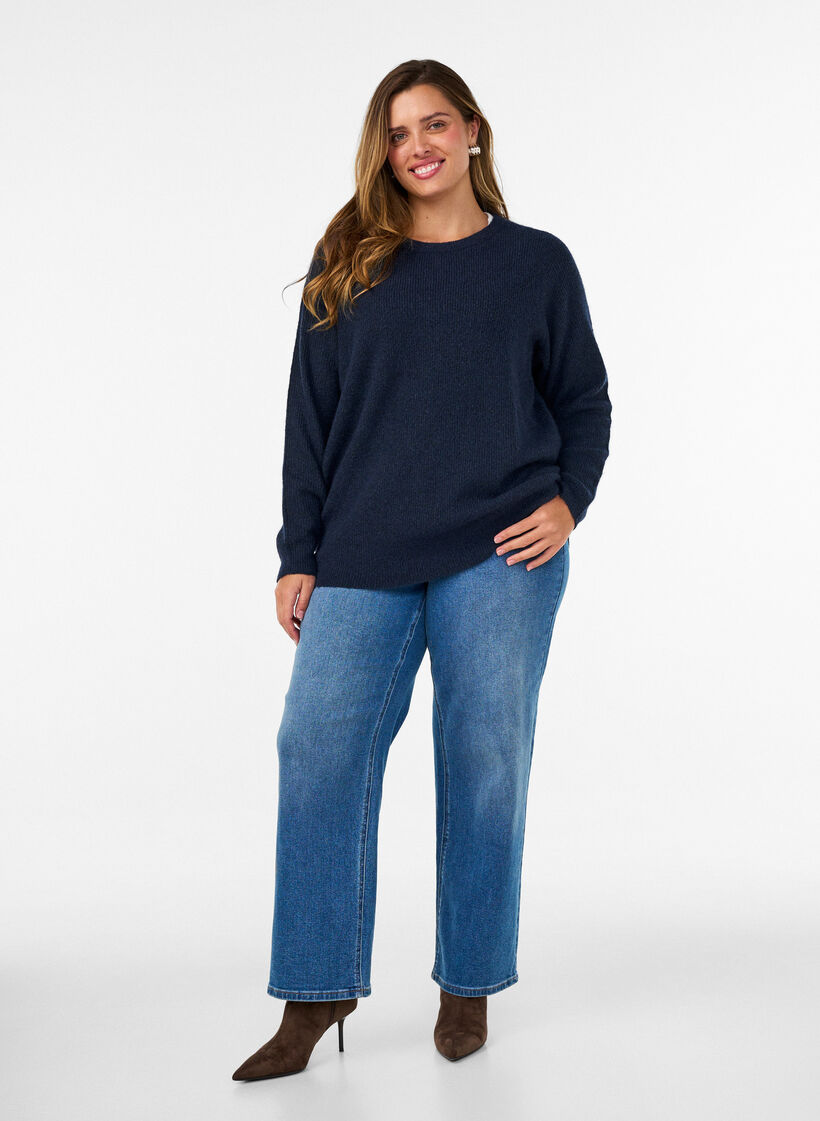Blouse en maille chin&eacute;e avec col rond, Bleu, Model image number 1