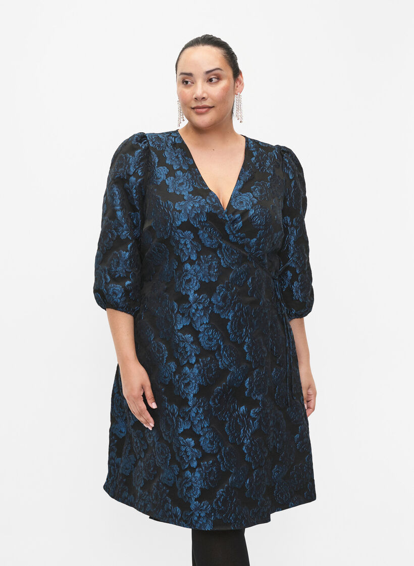 Robe portefeuille en jacquard avec manches 3/4, Black Blue, Model image number 0