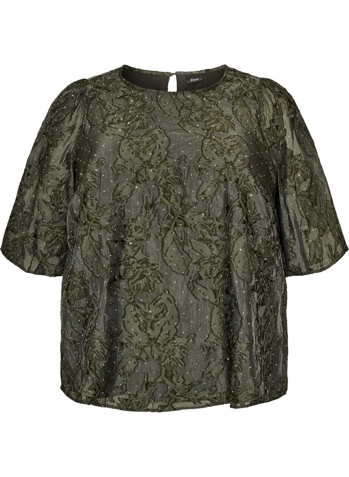 Blouse jacquard avec d&eacute;tails scintillants et manches bouffantes, Vert fonc&eacute;, Packshot image number 0