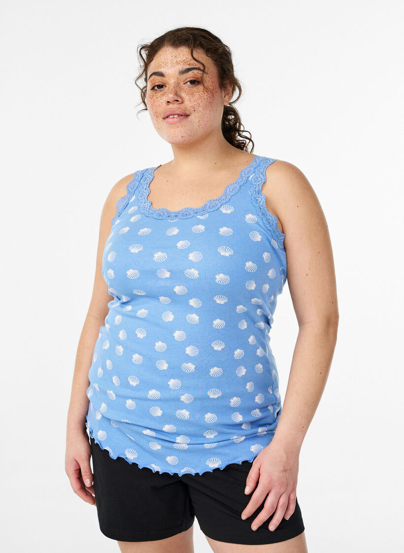 Top avec imprim&eacute; et bord en dentelle, Bleu, Model image number 0