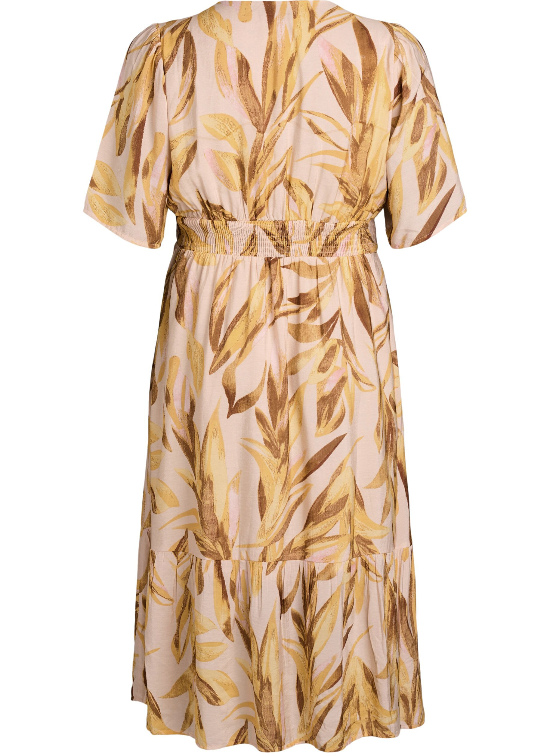 ZizziRobe midi en viscose &agrave; imprim&eacute; feuillage et taille smock&eacute;e, Jaune, Packshot image number 1